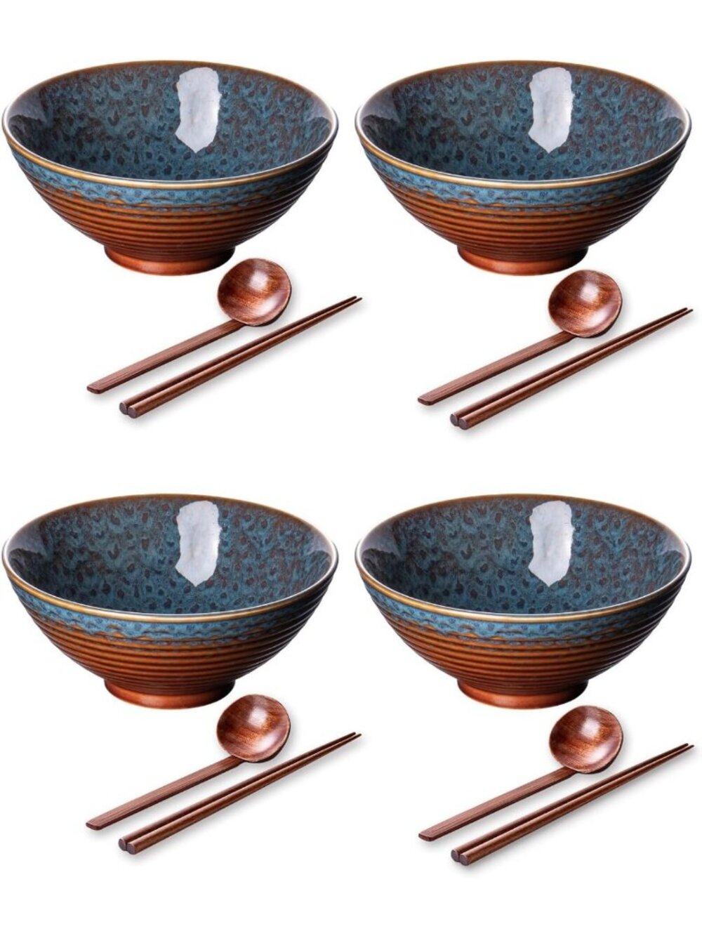 Set of 4 Large Ceramic Ramen Bowls with Chopsticks & Spoons - 8 Inch Pho Noodle
